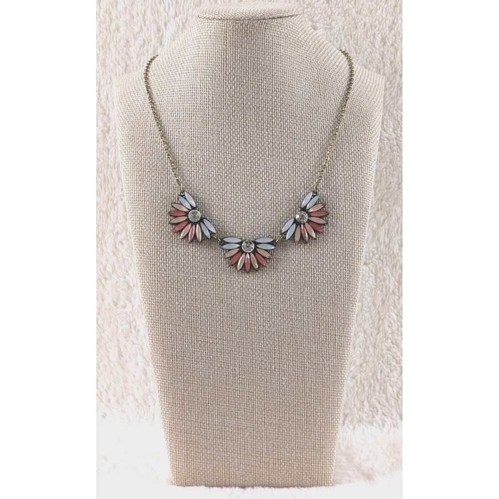 Pastel Enamel Flower Statement Necklace – Pink Blue White‎ Petals, Rhinestone...